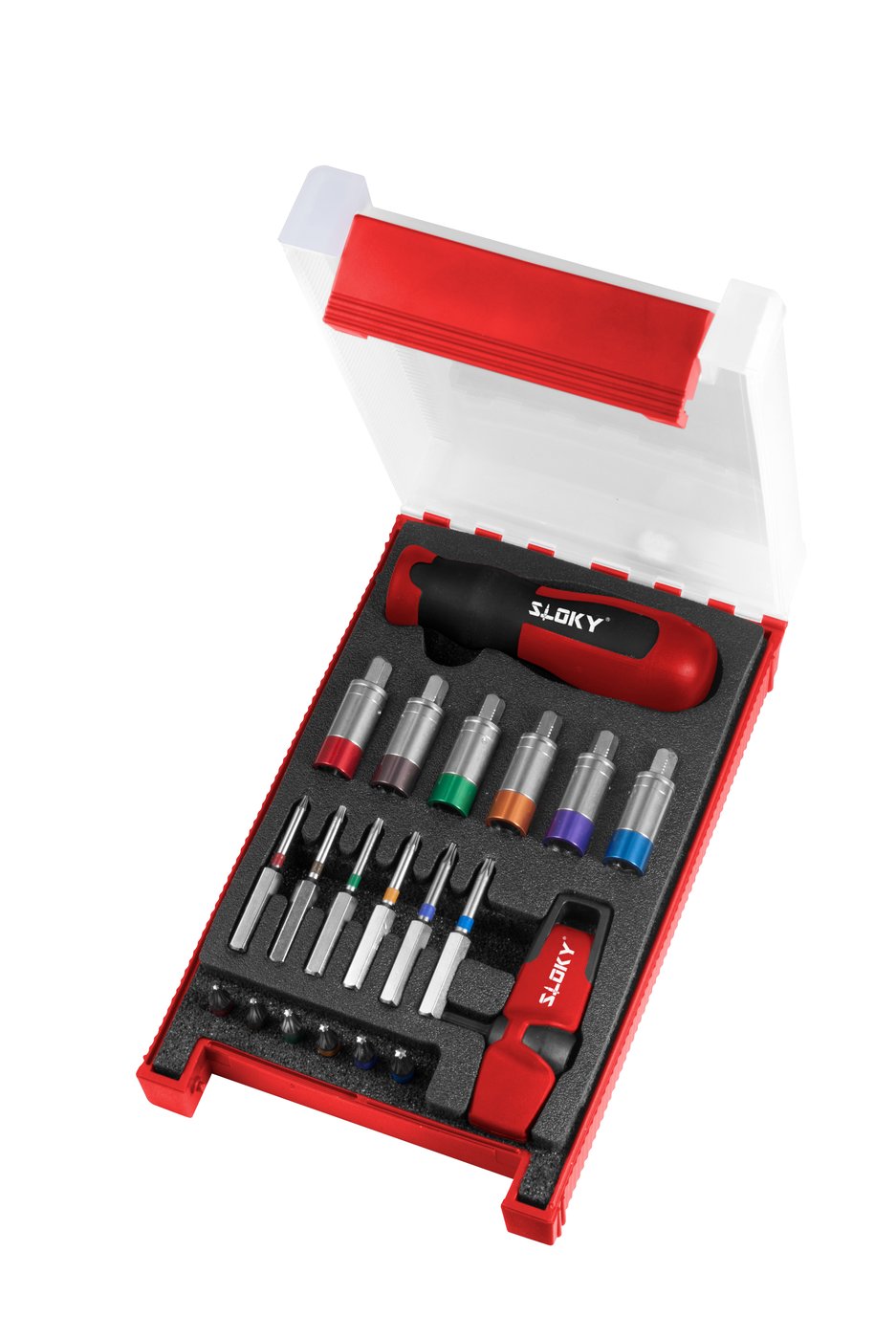 SLOKY TOGO Set im geöffneten Koffer mit Griff, Adaptern und Bits